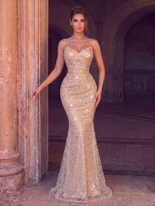 Women's Shiny Sequin Mermaid Evening Gown, Strapless Fitted Waist Long Dress, Suitable For Prom And Formal Occasions - Apricot - View 5