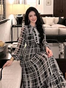 Women's Elegant Long Sleeve Modern Fashion Plaid Print Patchwork Design High-End Elegant Luxury Flare Dress - Multicolor - View 4