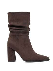 Mid-Calf Pleated Suede Ankle Boots With High Heels – - Brown - View 3