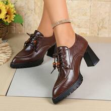 Brown Pointed Toe Chunky Heel Lace-Up Pumps For Women, Oil Wax Leather Beaded Thick Sole Retro Commute British Style High Heel Shoes - Rust Brown - View 8