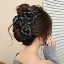 1pc Women's 14cm/5.51in Solid Color Plaid Loose Bow Hair Clip, Elegant Fashion Claw Clip, Suitable For Daily Use - Multicolor - View 3