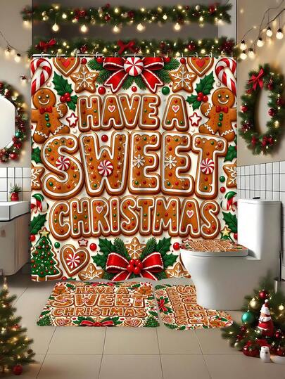 Set Perlengkapan Kamar Mandi Tema Natal Manusia Kue Jahe 4 Buah, Tirai Mandi Tahan Air dengan Cetakan "Sweet HAVE A SWEET CHRISTMAS", Tirai Partisi Pemisah Kering/Basah dari Poliester Tebal, Set Keset Toilet Anti Selip, Dekorasi Kamar Mandi Suasana Liburan