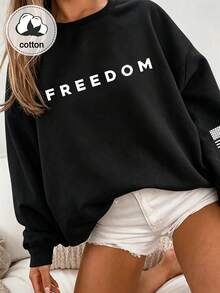 Women's Casual Loose Sweatshirt, Suitable For Daily Commute (American Flag & Letter Print) - Black - View 6