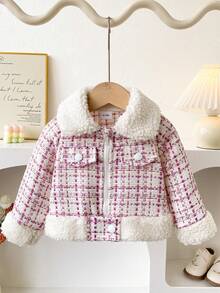Autumn/Winter Baby Girl Pink Plaid Lamb Fleece Patchwork Sweet & Cool Stylish Versatile Outdoor Jacket - Pink - View 1