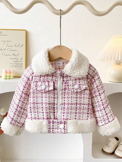 Autumn/Winter Baby Girl Pink Plaid Lamb Fleece Patchwork Sweet & Cool Stylish Versatile Outdoor Jacket