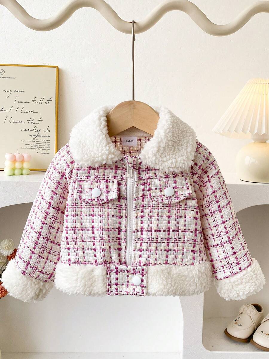 Autumn/Winter Baby Girl Pink Plaid Lamb Fleece Patchwork Sweet & Cool Stylish Versatile Outdoor Jacket - Pink - View 1