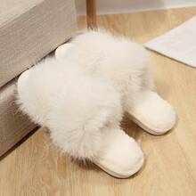 Women's Two Band Faux Fur Slide Slippers, Fluffy Open Toe House Slippers, Soft Non-Slip Indoor Bedroom Home Shoes - White - View 4