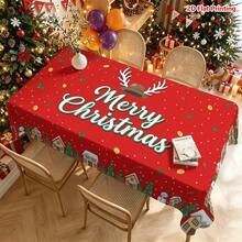 1件紅色背景聖誕主題桌布，中央手寫「Merry Christmas」文字搭配鹿角帽裝飾，周圍環繞小屋、雪人、聖誕樹、禮物盒、冬青葉與金箔點綴，適用於廚房餐桌布置、餐廳裝飾、野餐露營、派對場景、農舍風裝飾、桌面美化與營造節日氛圍 - 彩色 - 查看 11