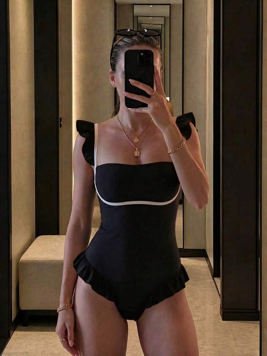 新款辣妹夏天高彈力休閒海灘度假約會派對女款一件式細肩帶泳衣 - 黑色 - 查看 1