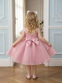 Baby Girls Spaghetti Strap Ruched Bow Starry Tulle Cute Birthday Princess Dress, Suitable For Party, Wedding Flower Girl, Vacation, Without Headband - Dusty Pink - View 8