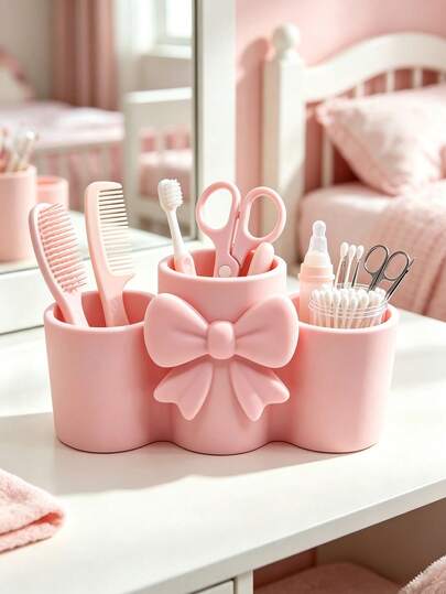 1pc Cute 3D Bow Desktop Storage Organizer, 3-Compartment Storage Rack, Baby Room Desktop Storage Bucket, Suitable For Baby Hair Clips And Small Items, Room Decoration