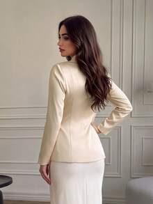 Women's Autumn Pale Yellow Satin Chinese Style Stand Collar Waist-Cinching Jacket With Front Frog Buttons, Suitable For Dating, Daily Wear And Commuting - Light Yellow - View 2
