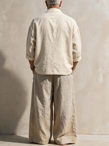 GOLDREDY New Chinese Style Men's Pure Cotton Diagonal Collar Cardigan With Frog Buttons, V-Neck Long Sleeve Top And Loose Wide Leg Pants, Zen Inspired 2 Pieces Set - Apricot - View 3