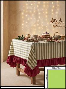 1pc Green & White Thin Striped With Burgundy Ruffle Edge Tablecloth, Christmas Holiday Style Fabric Material, Rectangular Burgundy Ruffle Edge Patchwork Detail, Stain-Resistant Protection, Tabletop Decoration And Beautification Function, Suitable For Christmas Dessert Table Arrangement And Holiday Party Scenes - Red - View 13