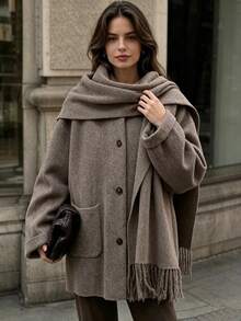 Women's Winter Knitted Mid-Length Cardigan With Scarf, Long Sleeve Button Design, Warm High-Elastic Fabric, Suitable For Autumn Wear - Camel - View 1
