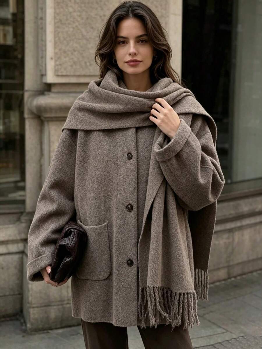 Women's Winter Knitted Mid-Length Cardigan With Scarf, Long Sleeve Button Design, Warm High-Elastic Fabric, Suitable For Autumn Wear - Camel - View 1