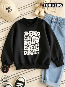Girls Crew Neck Sweatshirt, Retro Wavy Letter & Daisy Print Long Sleeve Pullover, Casual Loose Tween Girl Sweatshirt For Fall Winter - Black - View 10