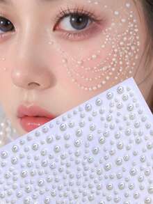 1/4/7 Sheets Pearl Face Jewels Sticker, Rave Accessories Y2K Festival Gift DIY Music Festival Party Makeup Masquerade, Applicable To Hair, Eyes, Face, Body Decorations,Concert Look,Face Gems - White - View 3