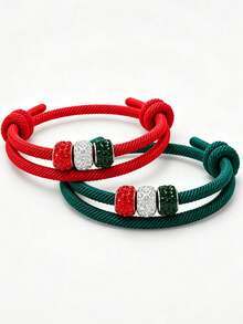 2pcs Christmas Adjustable Knotted Rope Bracelets, Red Green White Rhinestone Beads Wristbands, Holiday Party Decoration Jewelry, Suitable For Men And Women Christmas Gifts - Christmas Woven Bracelet - View 4