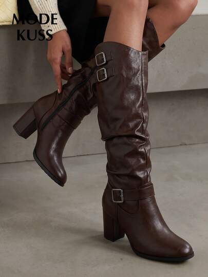 MODE KUSS New Women's Fashion Minimalist Comfortable Lightweight Side Zipper Round Toe Ruched Buckle Solid Color Chunky Heel Brown Tall Boots, Suitable For Daily Commute, Street Wear, Elegant Shoes, Comfortable Women's Shoes, Brown Tall Boots, Vintage Women's Shoes, Chunky Heel Shoes, Round Toe Tall Boots, Brown Chunky Heel Tall Boots, Autumn/Winter Commute Tall Boots, Fashion Tall Boots, Chic Tall Boots, Suitable For Autumn/Winter Tall Boots, Comfortable Women's Boots