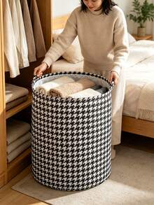 1pc Round Fabric Laundry Basket, Large Capacity Multi-Functional Storage Bin With Sturdy Handles, Classic Houndstooth Print, Suitable For Bedroom, Bathroom, Dorm, Dirty Clothes, Toys, Blankets Organizer, Home Storage Accessory - Multicolor - View 3