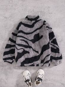 Boys' Casual Fashion Zipper Design Stand Collar Long Sleeve Jacket, Double-Sided Fleece, Autumn/Winter - Black - View 2