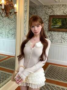 Sweet Sexy Peter Pan Collar Inner Layer Knit Cardigan Lace Trim Women's Top - Apricot - View 7