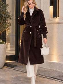 Women's  Long Elegan Faux Fur Coat - Brown - View 1