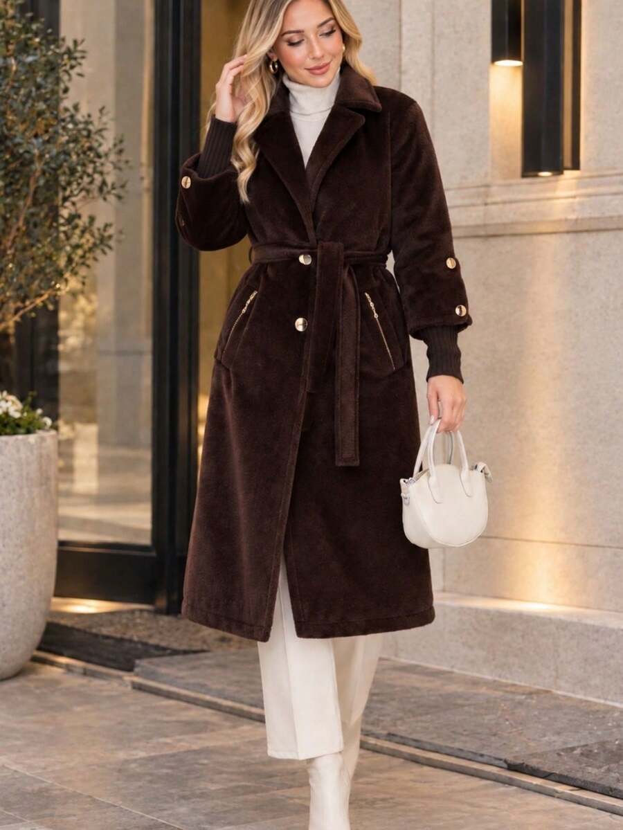 Women's Long Elegan Faux Fur Coat - Brown - View 1