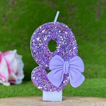 1pc Sparkling Purple Glitter Candle With Luxury Bow Decor, Birthday Party Wedding Decoration - Light Purple Bow Tie - View 11