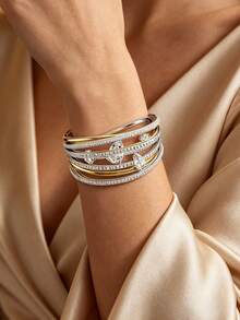 Gelang Wanita Seri Swarovski Hyperbola, Gelang Kristal Premium Terbuka, Perhiasan Fashion Logam Dua Warna Berlapis Rhodium, Aksesori Hadiah - Clear - View 3