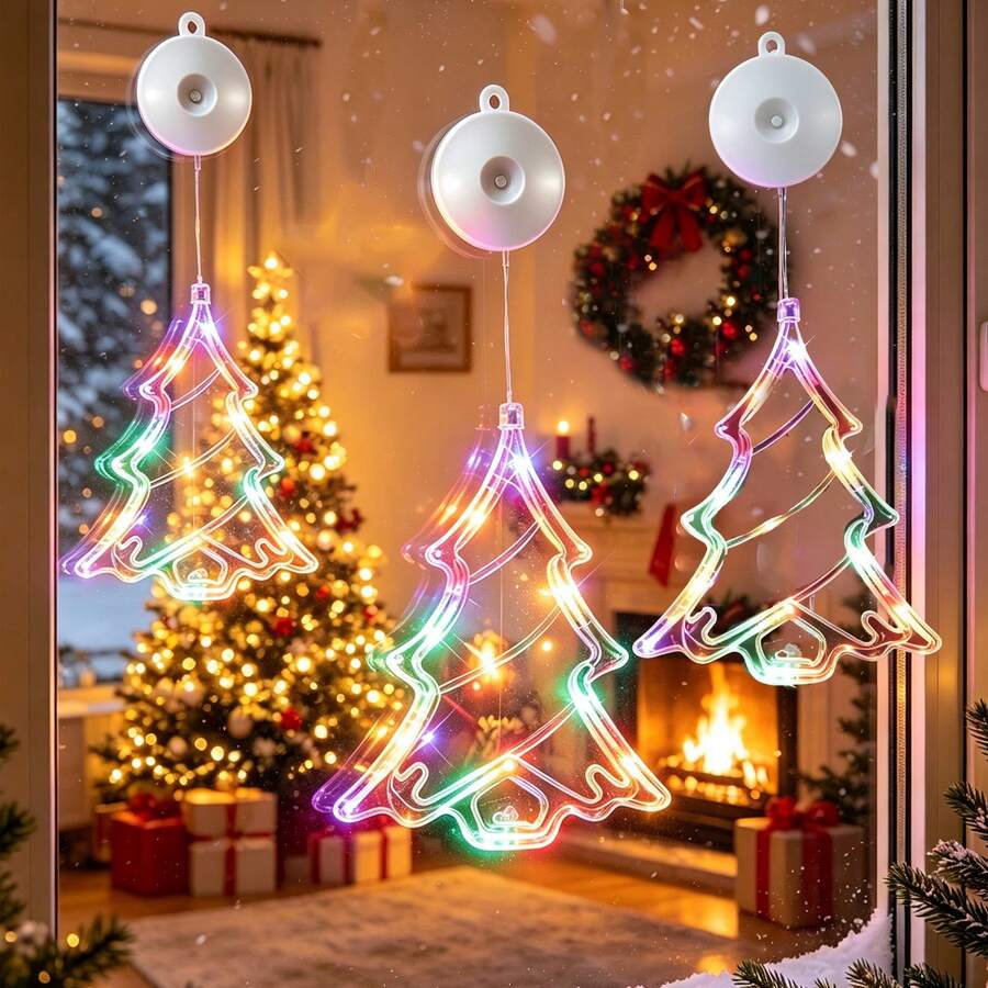 1pc Christmas Tree Shaped LED Suction Cup Window Hanging Light, Battery Operated(Not Included) With Push Button Switch, Indoor Window Glass Wall Decor Lamp For Christmas Holiday Home Party Window Display, Warm White / Multicolor Optional - Suction Cup - View 1