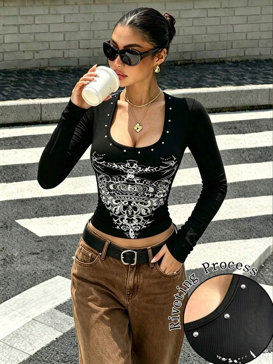 女款鉚釘裝飾修身百搭日常長袖T恤上衣,秋季女裝穿搭,女款秋季上衣 - 黑色 - 查看 1