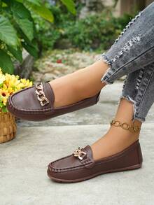 Women's Spring New Arrival Golden Chain Elegant Slip-On Loafers, Lightweight Comfortable Versatile Rubber Flat Shoes - Coffee Brown - View 5