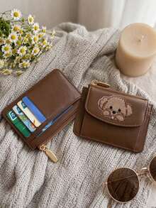 Retro Brown Wallet With Cute Animal Patch,PU Multi Card Holder,Zipper Coin Purse,Cute Cat Hedgehog Dog Card Wallet With Coin Pocket,Holiday Gifts - Multicolor - View 5