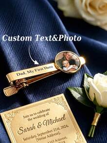 Personalized Photo Tie Clip, Christmas Gift, Gift For Husband, Engravable, Gift, Gold Or Silver Plated Custom Engraved Tie Clip, Gift, Suitable For Father, Groom Or Husband's Wedding Keepsake - Multicolor - View 2