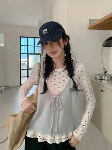 Polka Dot Lace Patchwork Long Sleeve T-Shirt Women Slim Fit Flattering Top Knit Camisole 2 Pieces Set - Blue - View 6