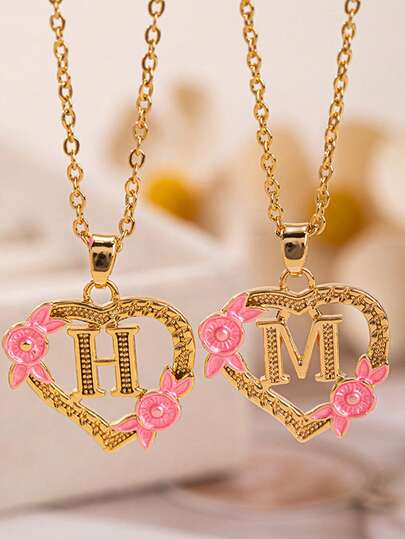 1pc Sweet Chic Copper Initial Letter Heart Pendant Necklace, Stainless Steel Chain Pink Flower Decor Jewelry For Kids Girls Daily Wear Birthday Gift