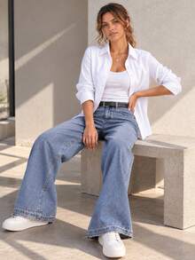 Women's Classic Button Down Shirt Long Sleeve Collared Blouse Relaxed Fit Curved Hem Button Cuffs Office Casual Top - White - View 11