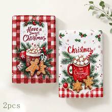 2件裝薑餅人印花廚房抹布「Have A Sweet Christmas」字母圖案手巾，節日風抹布茶巾，適用於廚房烹飪、烘焙、清潔擦拭與聖誕家居裝飾，聖誕禮物 - 彩色 - 查看 10