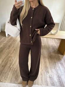 Women's Fall Winter 2 Piecesa Stylish Brown Soft Knitted Cardigan Paired With Wide-Leg Knit Pants, Perfect For Everyday Wear And Commuting. - Brown - View 7