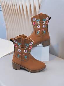 Baby Girls' High-Top Mid-Calf Boots, Embroidered High-Heel Western Cowboy Boots With Pointed Toe And Side Zipper, Casual Shoes - Brown - View 2