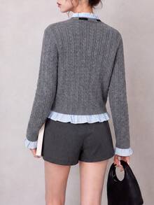 Women's Autumn/Winter Elegant Woven Frill Trim Patchwork Design Cardigan Knit Sweater - Grey - View 2