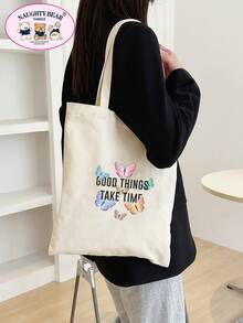 Fashionable Minimalist Butterfly Line Print Canvas Tote Bag - Beige - View 3