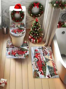 1pc/4pcs Christmas Snowman Shower Curtain Set: 4-Piece Bathroom Decor With Rug, Toilet Lid Cover And Mat, Suitable For Holiday Celebration - A - View 6