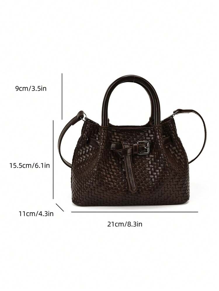 Fashion Woven PU Fabric Women's Handbag, High-End Exquisite Hardware Loop Design Shoulder Bag/Adjustable Shoulder Strap Crossbody Bag - Coffee Brown - View 6