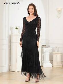 Robe de soirée Top de gamme pour femmes, patchwork, manches longues, à franges et perles, robe de banquet, de fête et de vacances - Noir - Voir 4