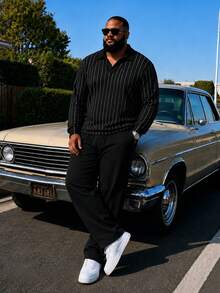 Men's Plus Size 2-Piece Set, Autumn Solid Color Textured Fabric Casual Plus Size Long Sleeve Polo Shirt And Pants Set - Black - View 1