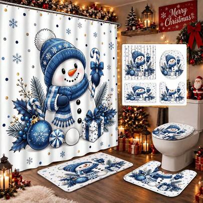 Juego de cortina de ducha de 1/3/4 piezas con diseño de dibujos animados navideños, lunares, copos de nieve y muñeco de nieve, con 12 ganchos, cortina de baño de poliéster impermeable, cortina de baño, privacidad, engrosada, duradera y de secado rápido, tamaño 180*180cm, decoración de baño, accesorios de baño, alfombra antideslizante de baño, juego de cortina de ventana de baño, decoración del hogar, decoración navideña, regalo festivo