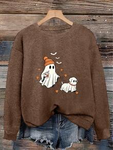 Women Plus Size Long Sleeve Pullover Sweater, Halloween Ghost Walking Dog Funny Print, Loose Casual Top, Suitable For Autumn/Winter - Dark Ochre - View 6